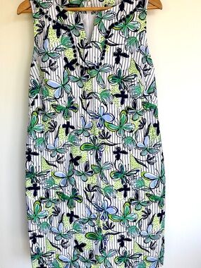 Talbots White Floral Sheath Dress with Green & Navy Accents